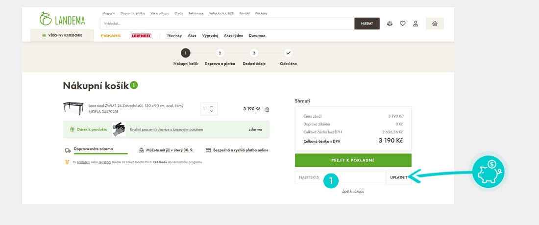 Návod jak uplatnit slevový kód v košíku e-shopu Landema