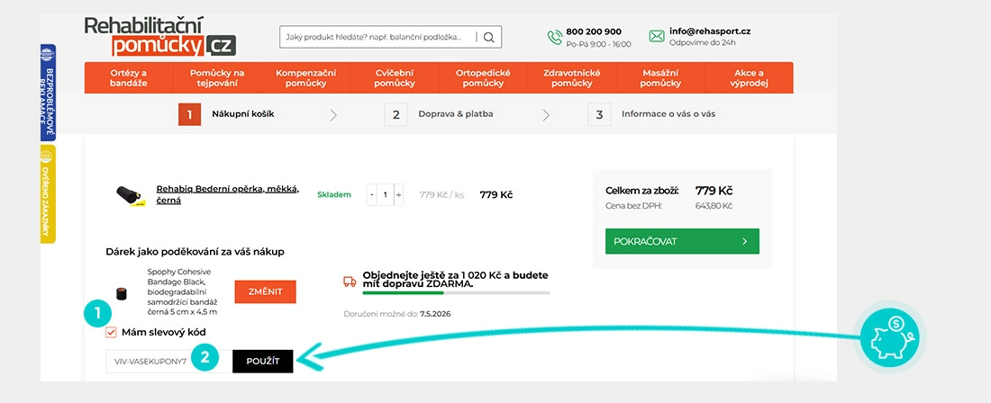 Návod jak uplatnit slevový kód v košíku e-shopu RehabilitačníPomůcky.cz