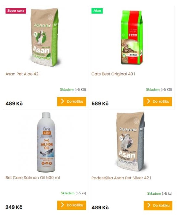 Asan Pet Aloe, Vats Best Original, Brit Care Salomon Oil a Podestýlka Asan Pet Silver