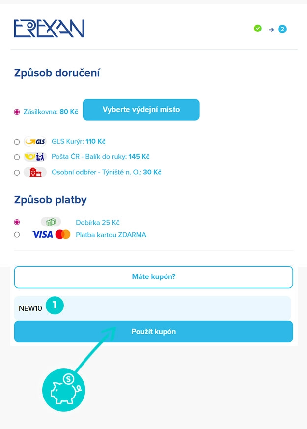 Návod jak uplatnit slevový kód v košíku e-shopu Erexan