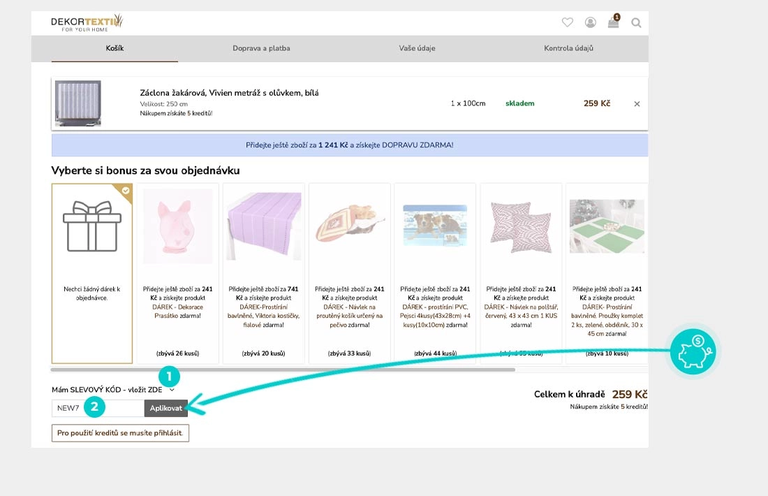 Návod jak uplatnit slevový kód v košíku e-shopu Dekortextil