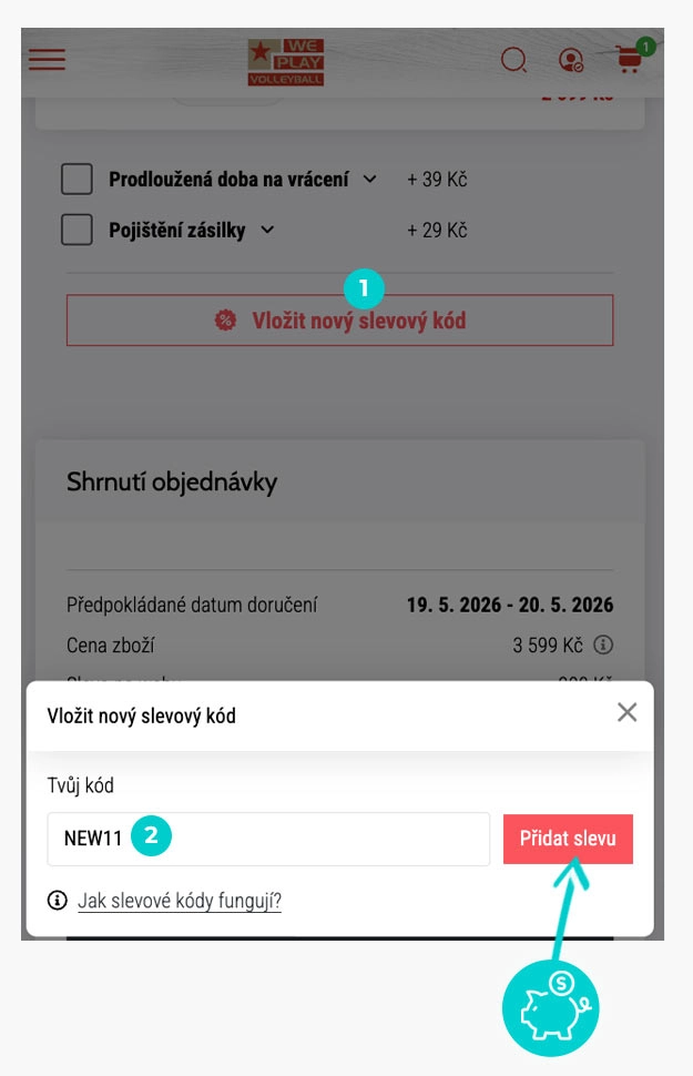 Návod jak uplatnit slevový kód v košíku e-shopu WePlayVolleyball