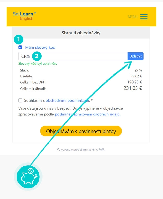 Návod jak uplatnit slevový kód v košíku e-shopu SciLearn