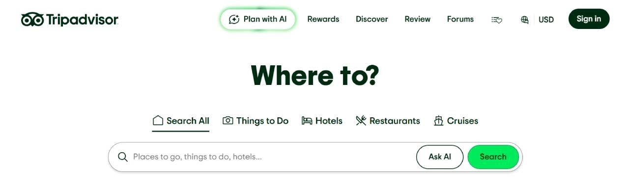 homepage Tripadvisor s vyhledávečem