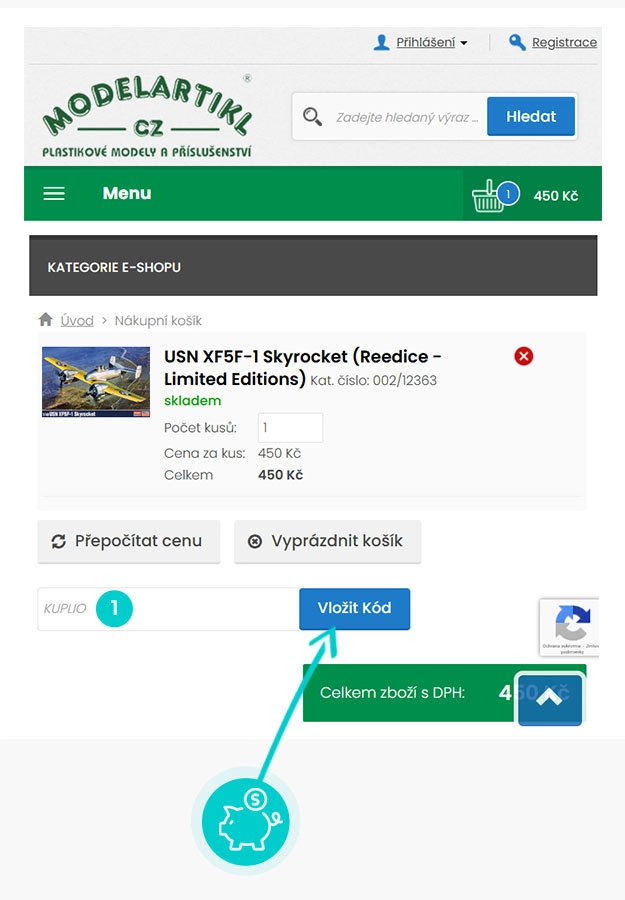 Návod jak uplatnit slevový kód v košíku e-shopu Modelartikl