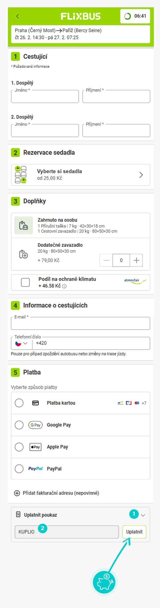 Návod jak uplatnit slevový kód v košíku e-shopu Flix Bus