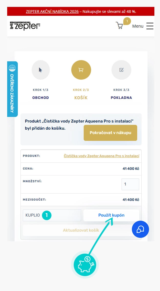 Návod jak uplatnit slevový kód v košíku e-shopu Zepter Club Live100