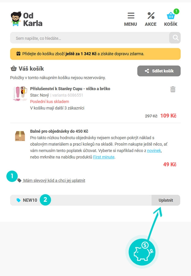 Návod jak uplatnit slevový kód v košíku e-shopu Od Karla
