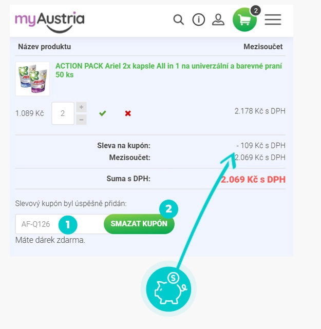 Návod jak uplatnit slevový kód v košíku e-shopu myAustria