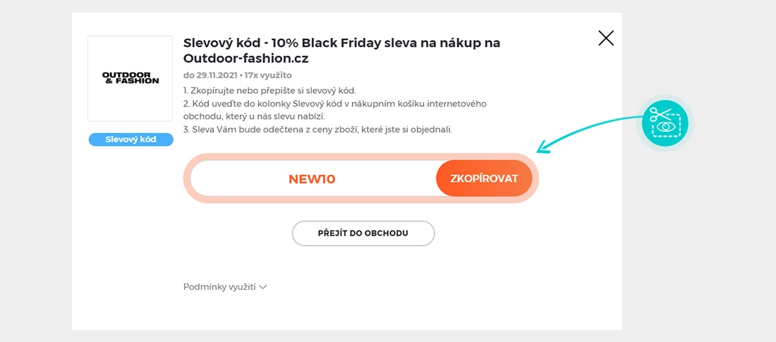 Návod jak zkopírovat slevový kód Outdoor-Fashion