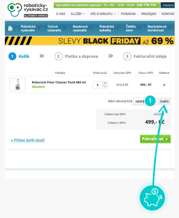 Návod jak uplatnit slevový kód v košíku e-shopu roboticky-vysavac