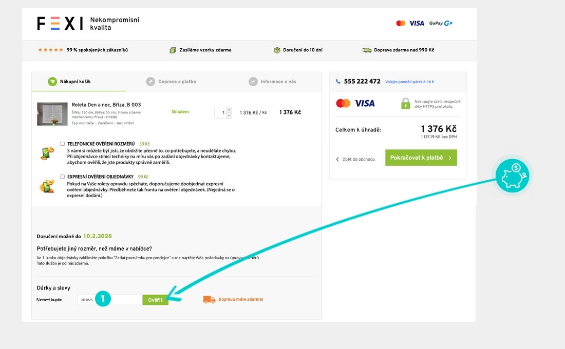 Návod jak uplatnit slevový kód v košíku e-shopu Fexi