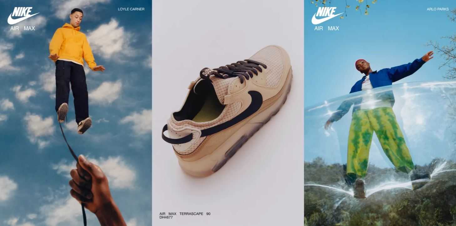 nike - vlevo letici muz,vpravo muz na bubline a v strede bota