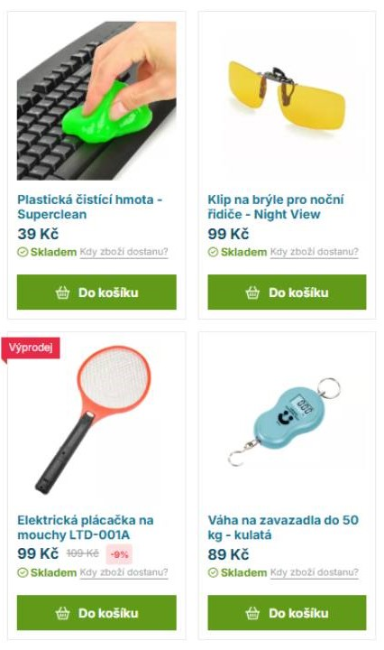 plastická čistící hmota, klip na brýle, elektrická plácačka a váha na zavazadla