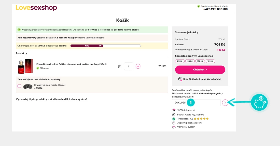 Návod jak uplatnit slevový kód v košíku e-shopu Lovesexshop.cz