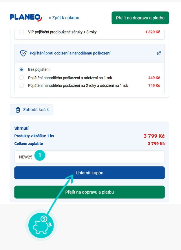 Návod jak uplatnit slevový kód v košíku e-shopu Planeo