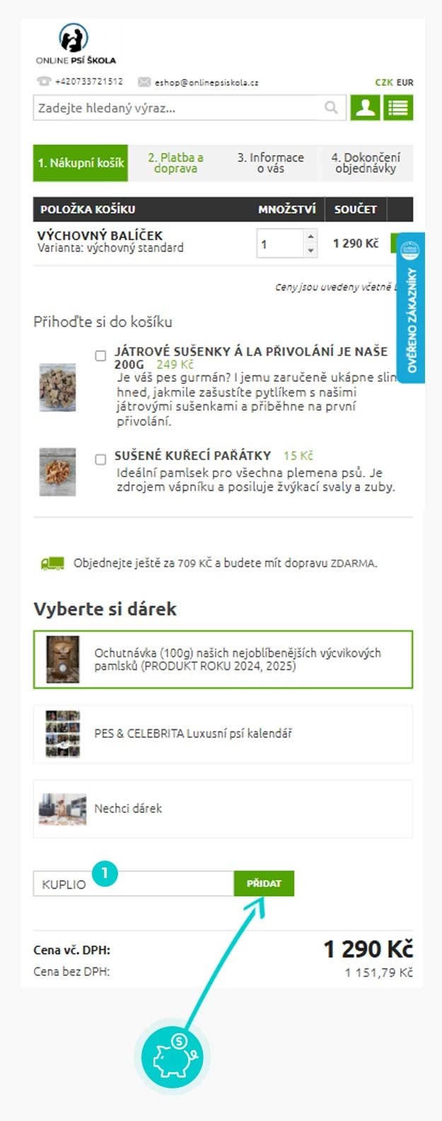 Návod jak uplatnit slevový kód v košíku e-shopu Online psí škola