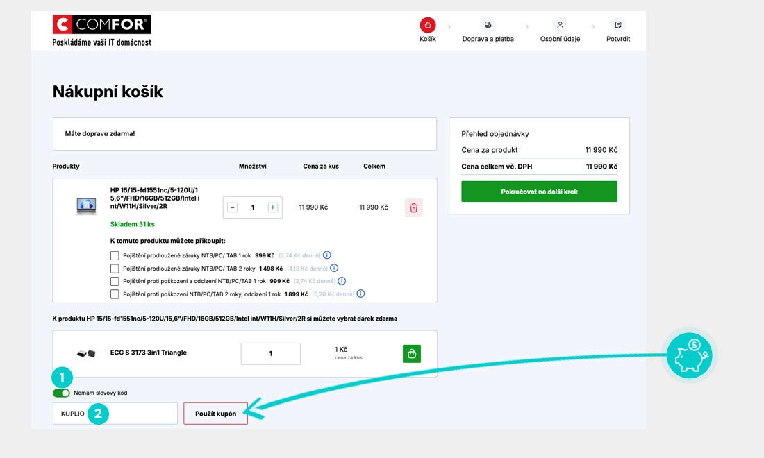 Návod jak uplatnit slevový kód v košíku e-shopu COMFOR
