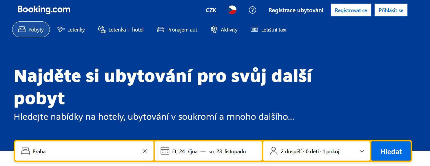 Booking hlavní menu stránek