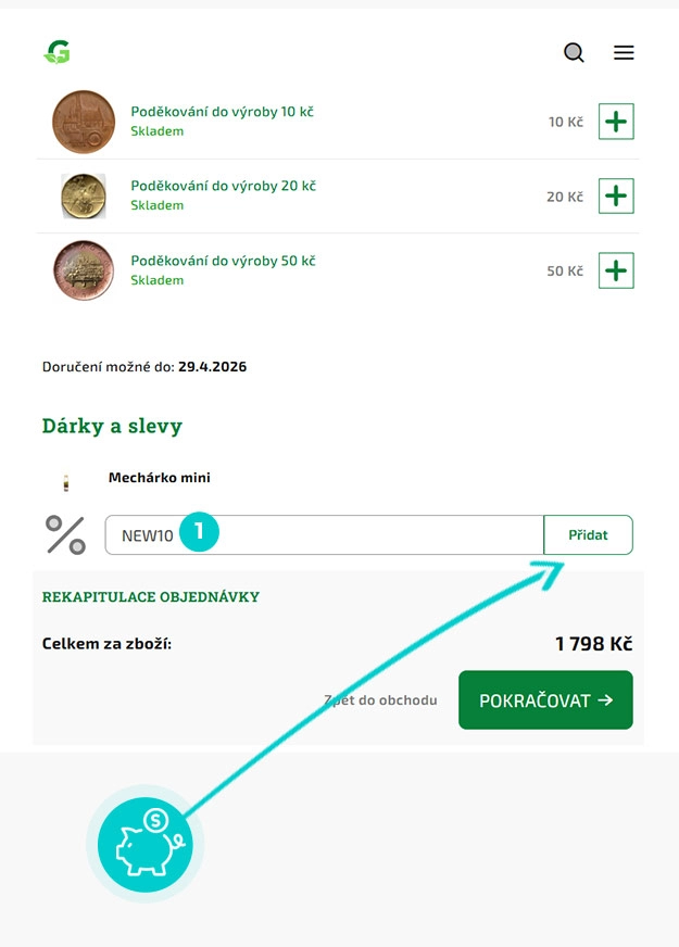 Návod jak uplatnit slevový kód v košíku e-shopu Green Glazz