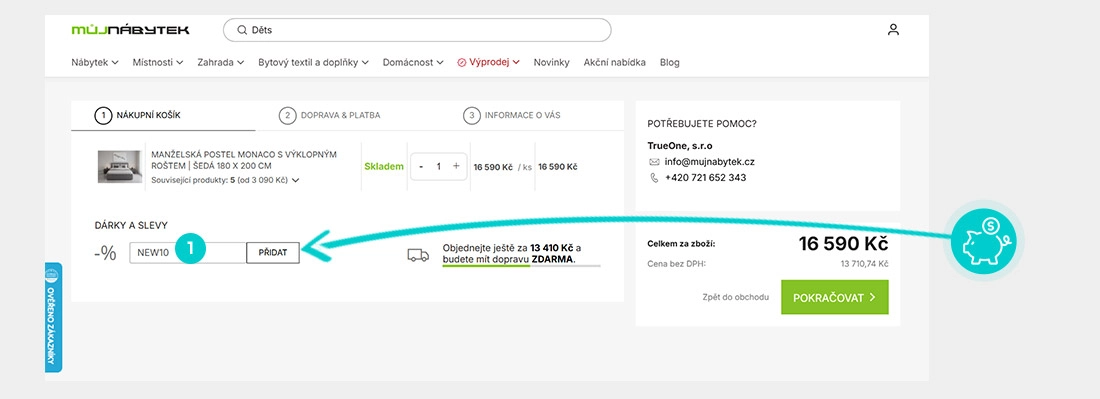 Návod jak uplatnit slevový kód v košíku e-shopu můjnábytek