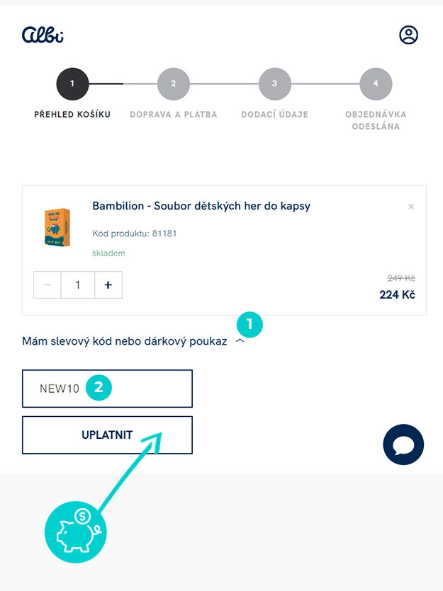 Návod jak uplatnit slevový kód v košíku e-shopu Dummy Bear