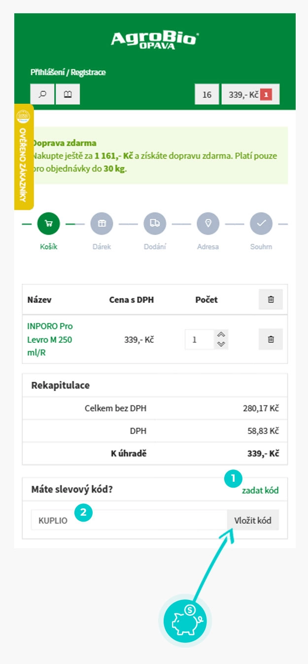 Návod jak uplatnit slevový kód v košíku e-shopu AgroBio