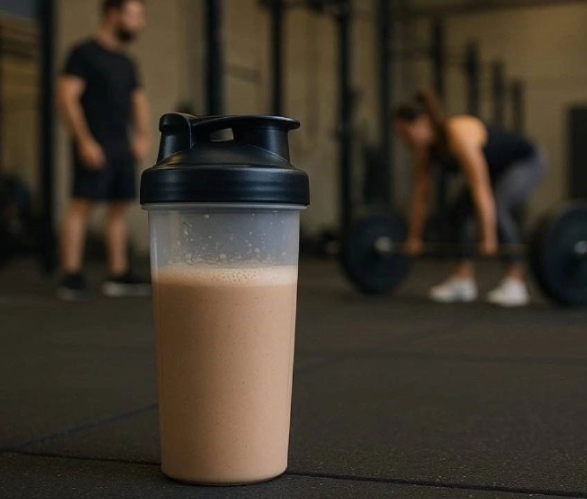 proteínový nápoj a ľudia vo fitness centre