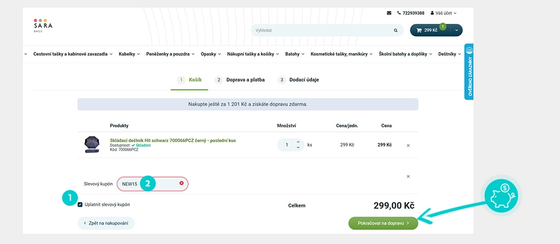 Návod jak uplatnit slevový kód v košíku e-shopu Kožené zboži Sára
