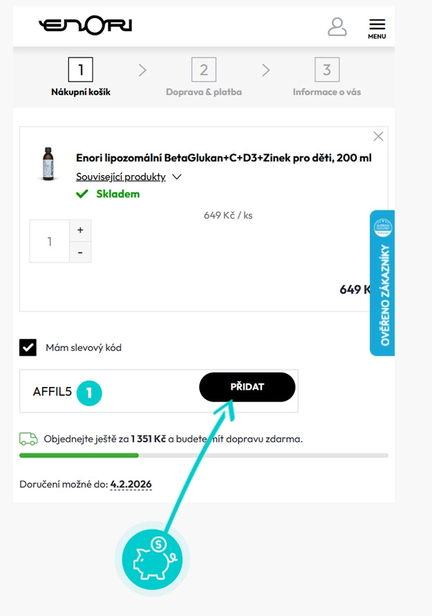 Návod jak uplatnit slevový kód v košíku e-shopu Enori