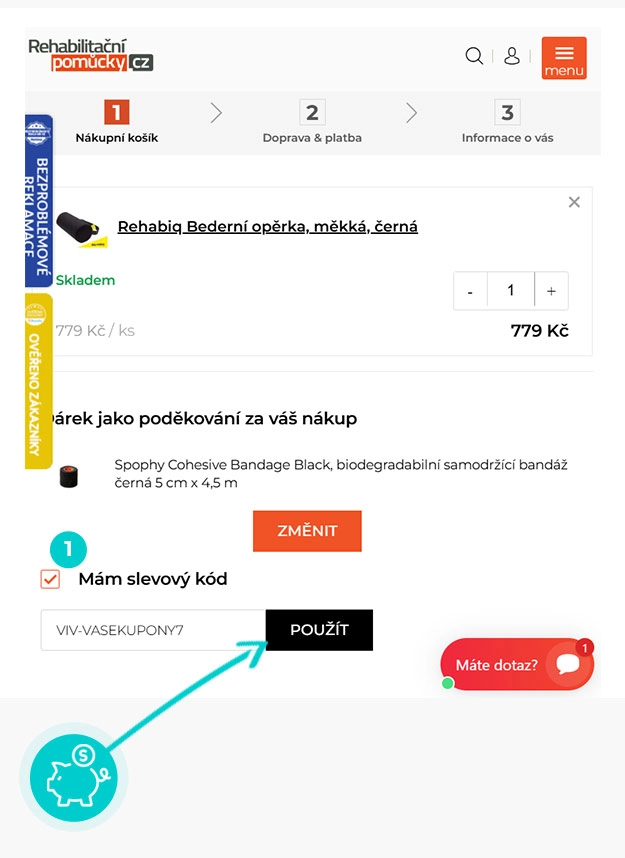 Návod jak uplatnit slevový kód v košíku e-shopu RehabilitačníPomůcky.cz
