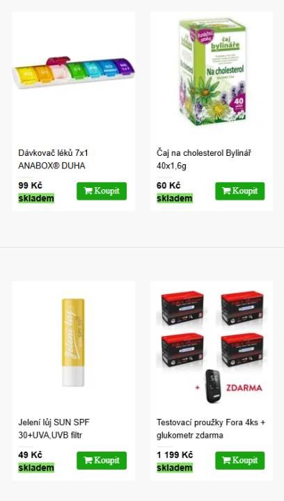 dávkovač léků, čaj na cholesterol, jelení lůj a testovací proužky a glukometr