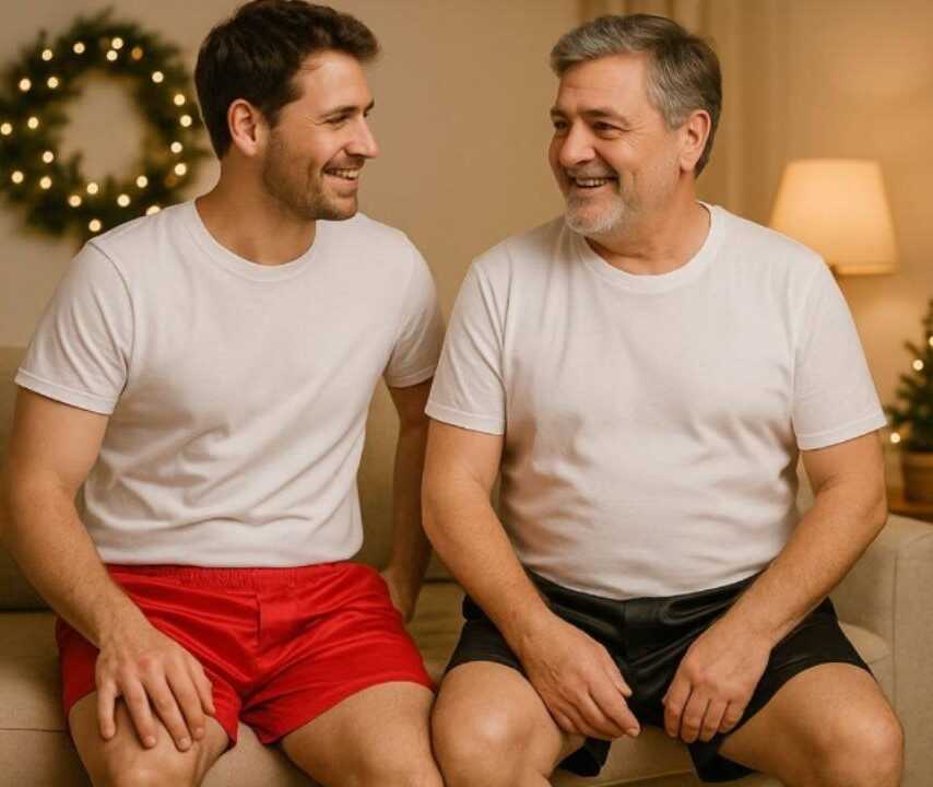 táta se synem v bílých tričkách a saténových spodcích