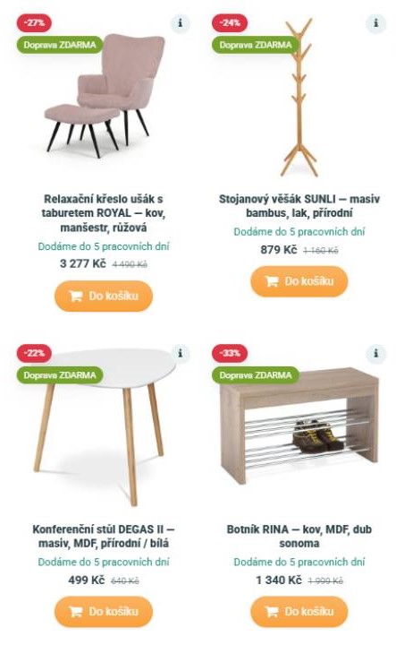 relaxační křeslo, stojanový věšák, konferenční stůl a botník