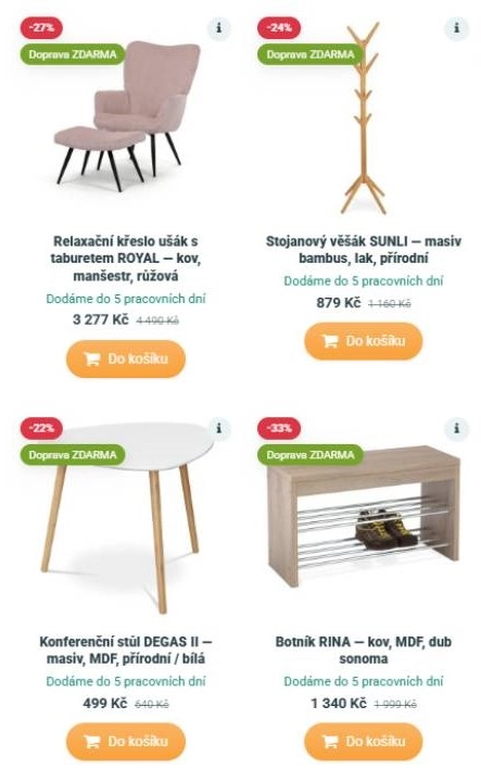 relaxační křeslo, stojanový věšák, konferenční stůl a botník