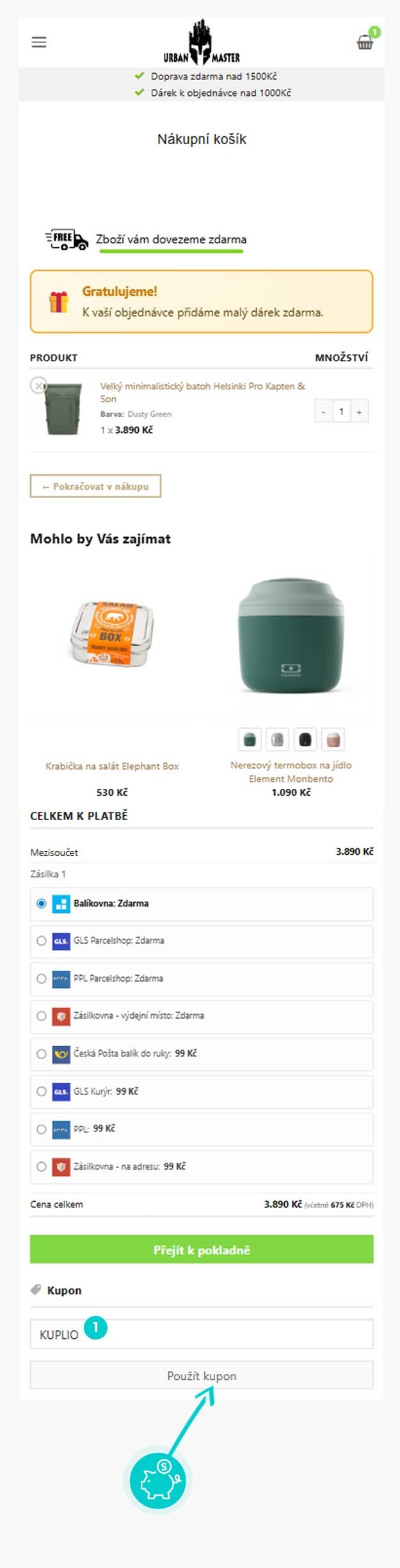 Návod jak uplatnit slevový kód v košíku e-shopu Urban Master