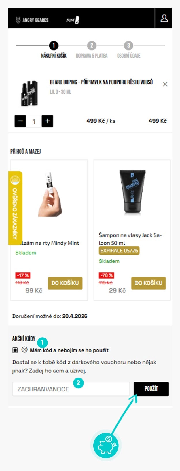 Návod jak uplatnit slevový kód v košíku e-shopu Angry Beards