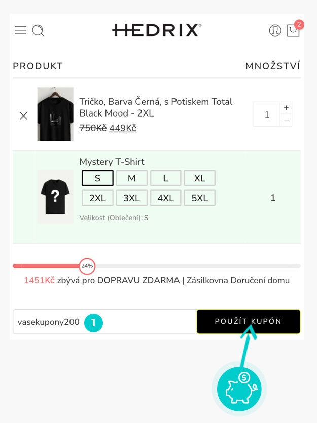 Návod jak uplatnit slevový kód v košíku e-shopu HEDRIX