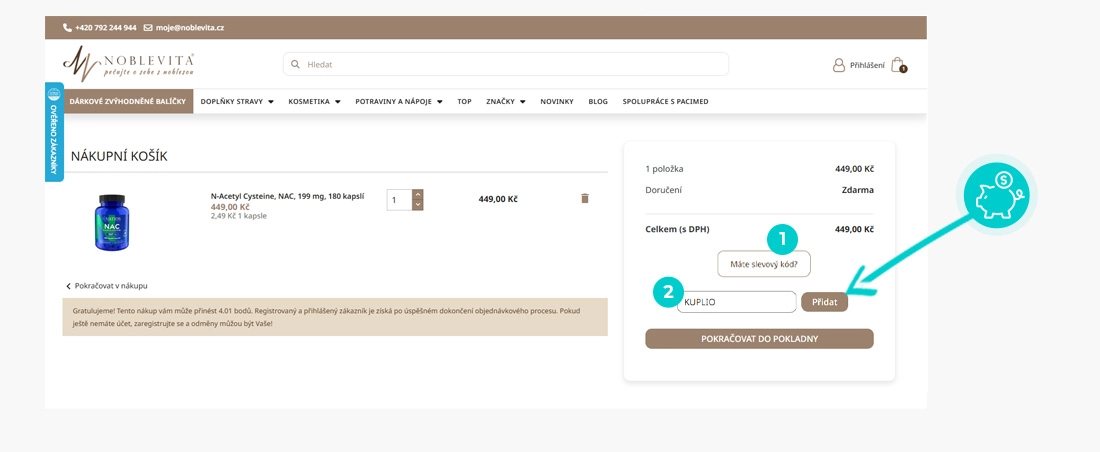 Návod jak uplatnit slevový kód v košíku e-shopu Noblevita