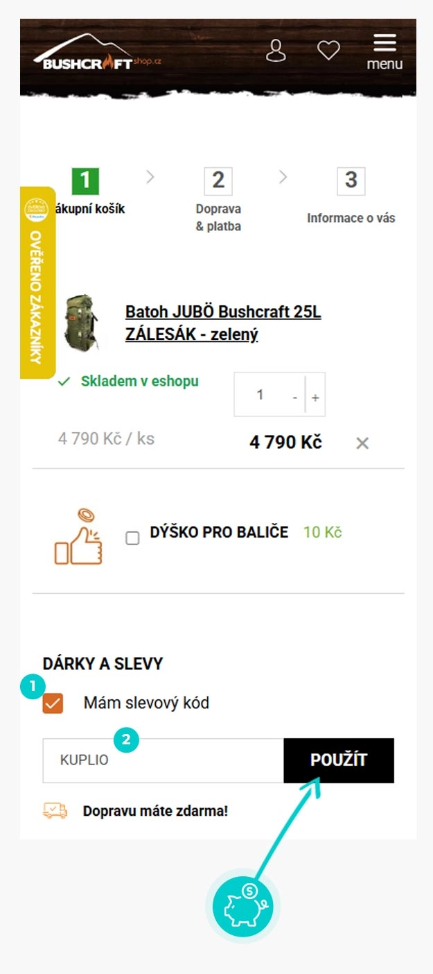 Návod jak uplatnit slevový kód v košíku e-shopu Bushcraftshop