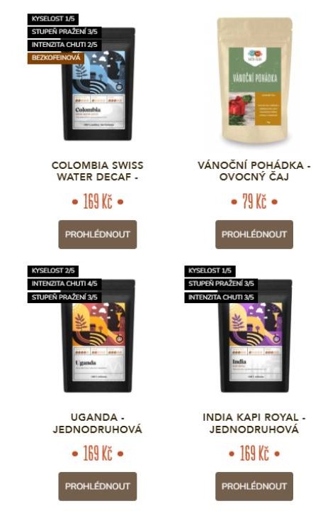 balení Colombia Swiss, vánoční pohádka, Uganda a India Kapi Royal