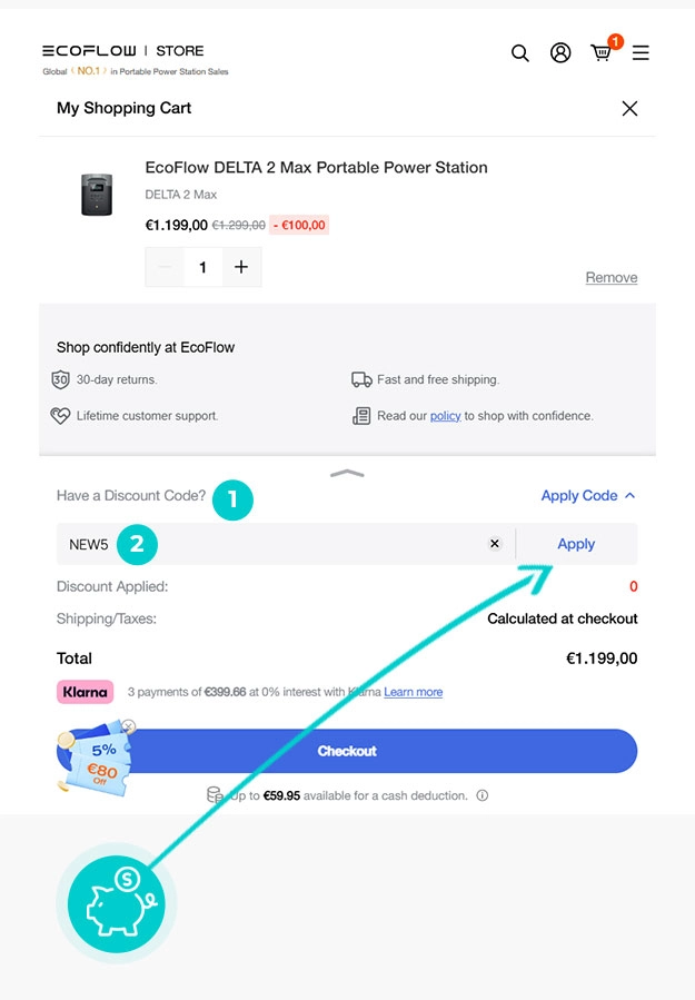 Návod jak uplatnit slevový kód v košíku e-shopu EcoFlow