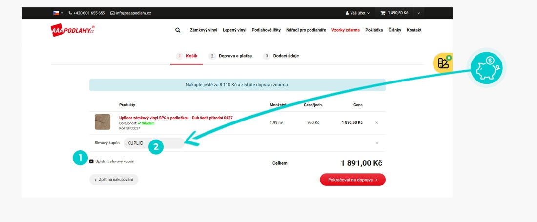 Návod jak uplatnit slevový kód v košíku e-shopu AAA Podlahy