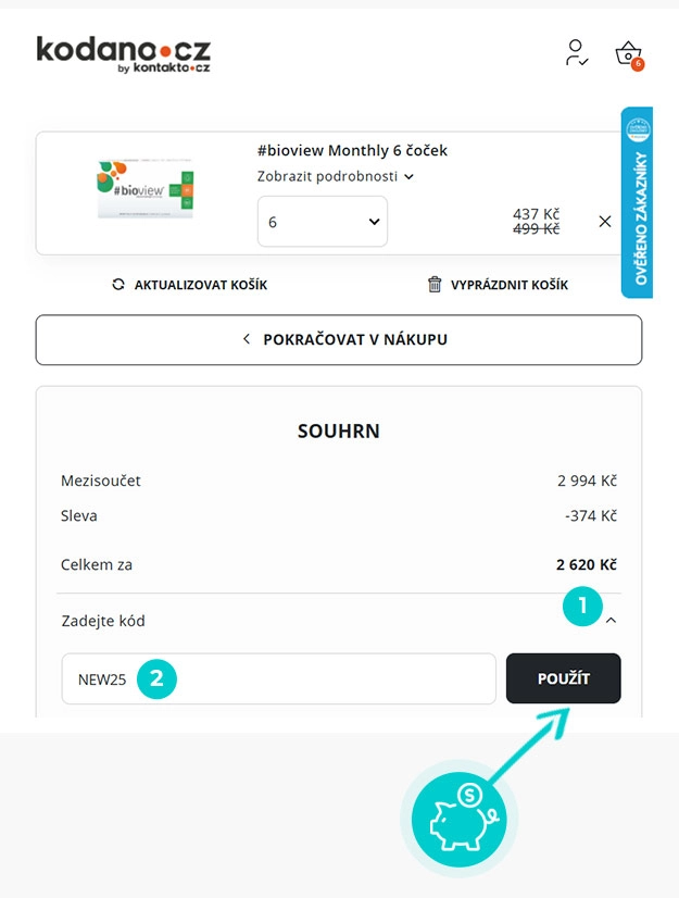 Návod jak uplatnit slevový kód v košíku e-shopu Kodano