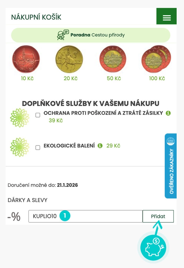 Návod jak uplatnit slevový kód v košíku e-shopu Cestou přírody
