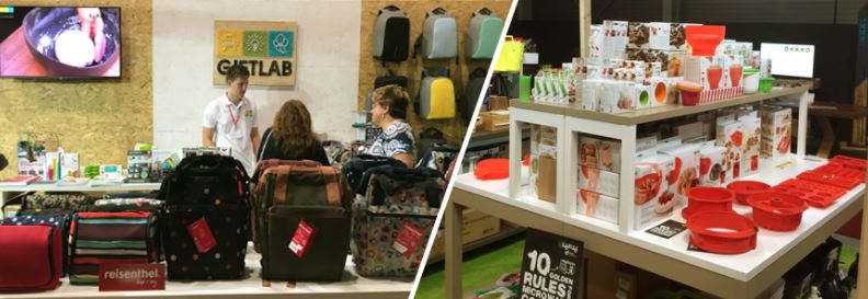 ukazka obchodu GiftLab a na obrazku vylozene batohy a pecici formy