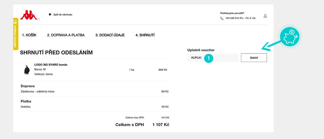 Návod jak uplatnit slevový kód v košíku e-shopu Kappa