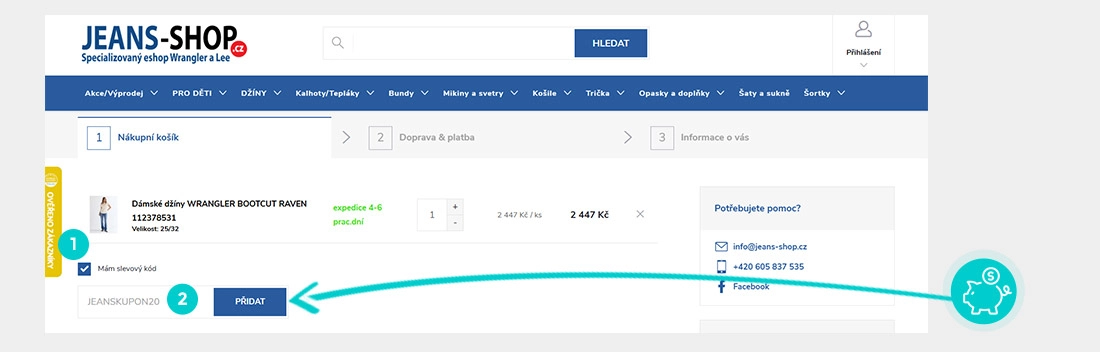 Návod jak uplatnit slevový kód v košíku e-shopu Jeans-shop.cz