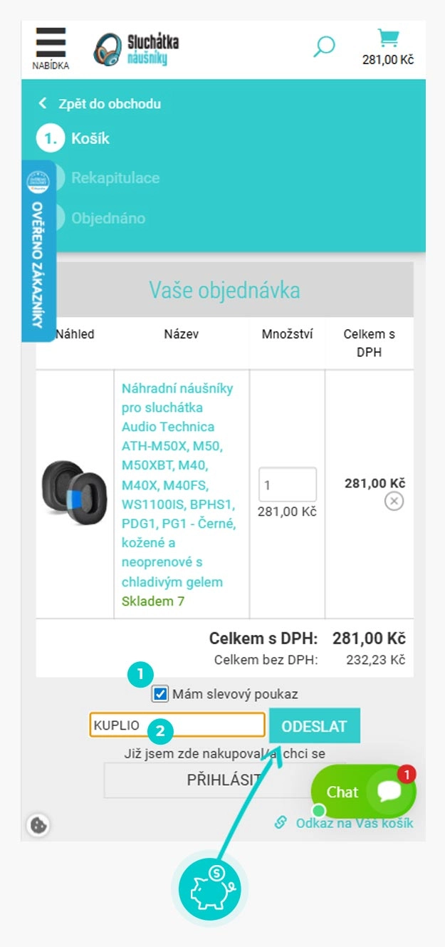 Návod jak uplatnit slevový kód v košíku e-shopu Sluchátka náušníky