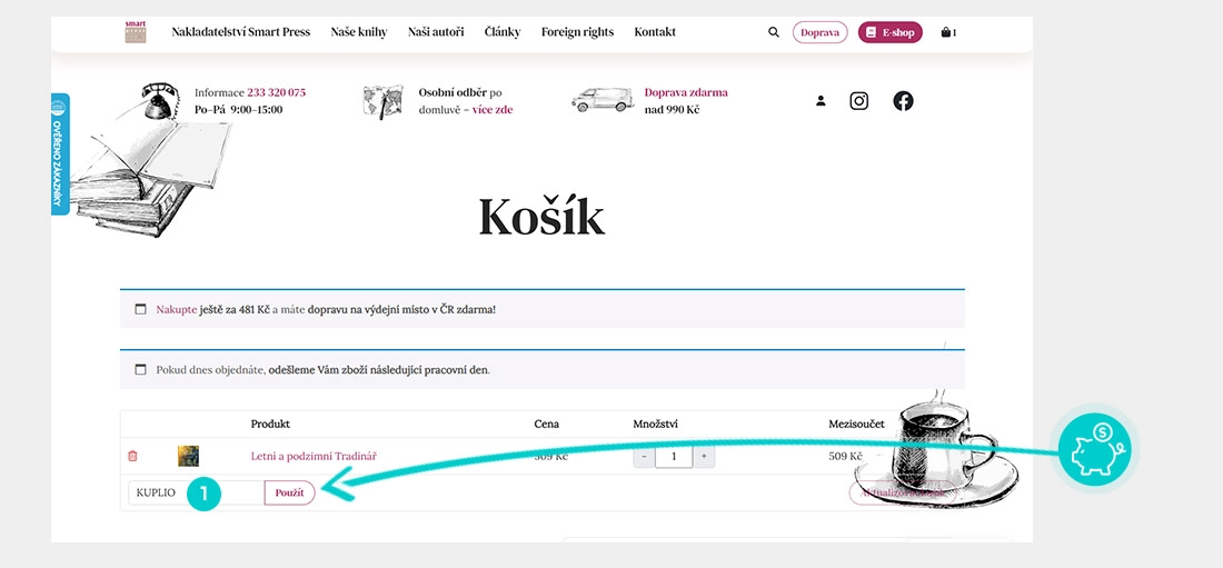 Návod jak uplatnit slevový kód v košíku e-shopu Smart Press